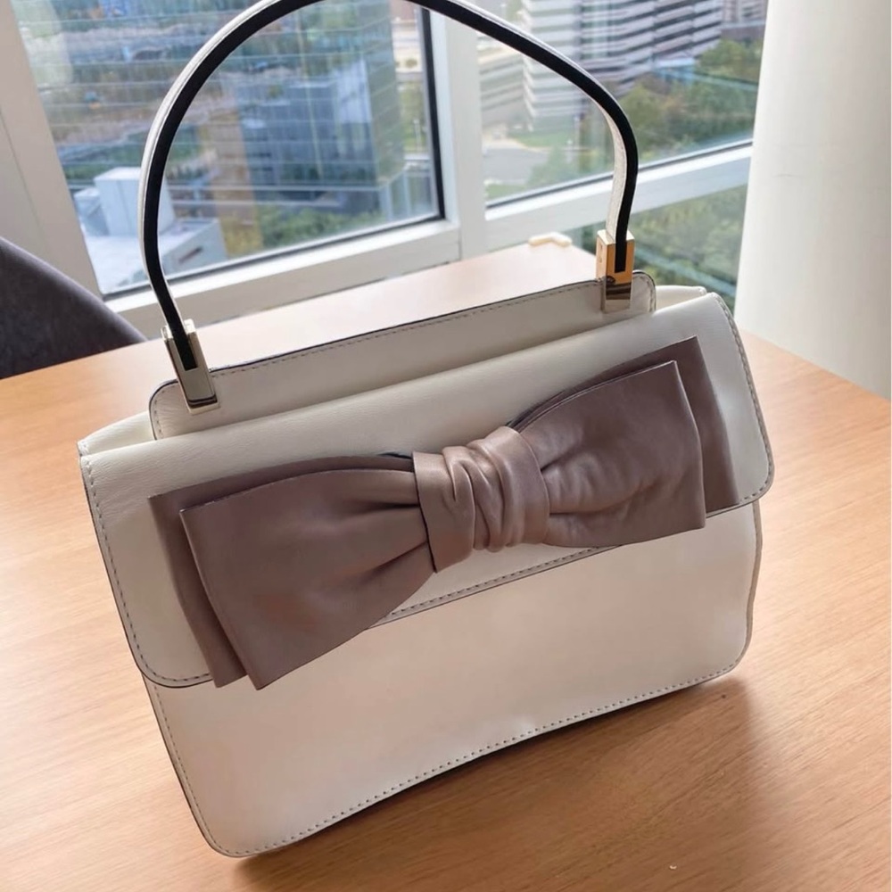 Valentino Garavani White and Tan/Beige Shoulder Bag with Bow